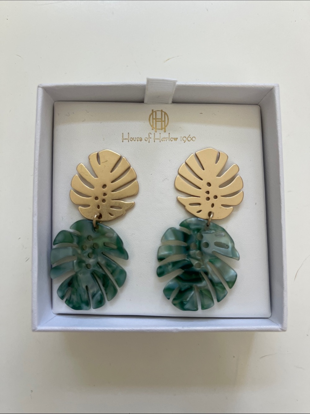 House of Harlow 1960 Gold and Teal Monstera Leaf Drop Earrings - Picture 2 of 2